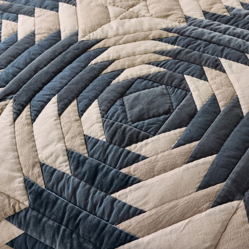 NWT Pottery Barn Aubrey Velvet Patchwork Quilted Shams - (2) Standard Blue Tan
